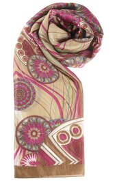 Schal in Beige mit pinkfarbenen, braunen und weißen Mandala-Mustern, rechteckig, leicht gerollt, feine Struktur, keine sichtbaren Verschlüsse