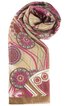 Schal in Beige mit pinkfarbenen, braunen und weißen Mandala-Mustern, rechteckig, leicht gerollt, feine Struktur, keine sichtbaren Verschlüsse