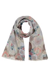 Schal in beige mit abstraktem Kreismuster in Rosa, Hellblau, Braun und Dunkelblau, rechteckig, feine Fransen an den kurzen Enden