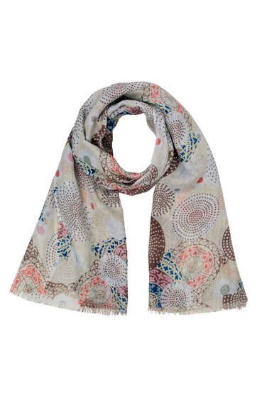 Schal in beige mit abstraktem Kreismuster in Rosa, Hellblau, Braun und Dunkelblau, rechteckig, feine Fransen an den kurzen Enden