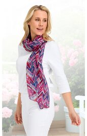 Damenhalstuch in Rosa- und Blautönen mit gezacktem Zickzackmuster, länglich, locker um den Hals getragen