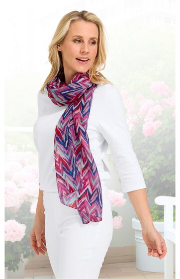 Damenhalstuch in Rosa- und Blautönen mit gezacktem Zickzackmuster, länglich, locker um den Hals getragen
