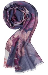 Schal in Blau- und Rosa-Tönen, floral gemustert, länglich, leicht transparent, mit kurzen Fransen an den Enden