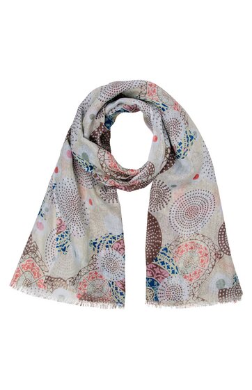 Schal in beige mit abstraktem Kreismuster in Rosa, Hellblau, Braun und Dunkelblau, rechteckig, feine Fransen an den kurzen Enden