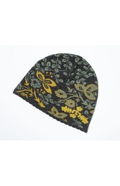 Mütze in dunklem Anthrazitgrau mit floralem Muster in Senfgelb und Olivgrün, runde Form, leicht gewellter Rand