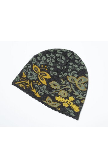 Mütze in dunklem Anthrazitgrau mit floralem Muster in Senfgelb und Olivgrün, runde Form, leicht gewellter Rand
