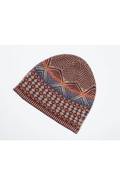 Braune Strickmütze mit mehrfarbigem geometrischem Muster, Zacken- und Rautendesign in Orange, Blau, Dunkelbraun, Rollkante