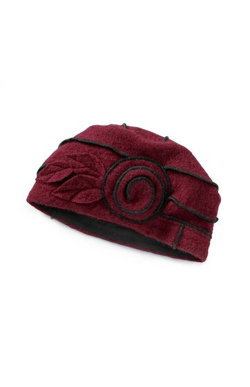 Bordeauxroter Damenhut mit schwarzer Kordel, asymmetrisches Design mit aufgesetztem Spiralmotiv und Blattapplikation, abgerundete Form, eng anliegend