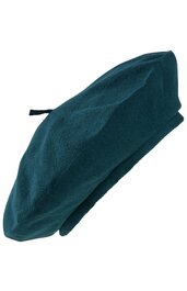 Elegante Baskenmütze in dunklem Tannengrün, einfarbig, runde Form mit schmalem Rand, kleine Schlaufe am oberen Ende