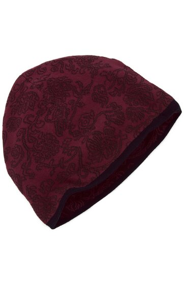 Beanie in dunkelrot mit schwarz floralem Paisleymuster, schlichte runde Form, ohne sichtbare Nähte oder Verschlüsse