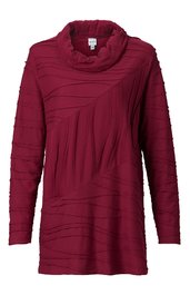 Langärmliges Damenoberteil in weinrot mit abstraktem Linienmuster, Rollkragen, gerade geschnitten, ohne sichtbare Verschlüsse