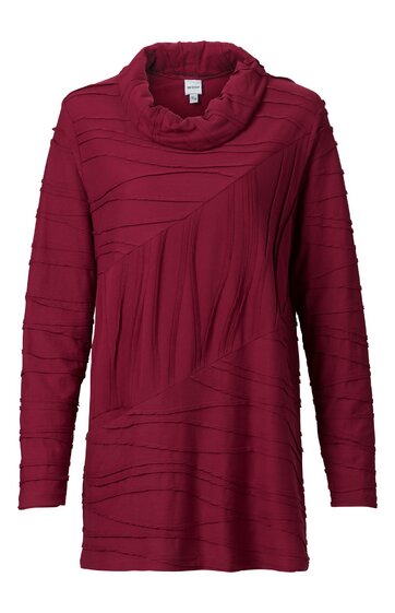 Langärmliges Damenoberteil in weinrot mit abstraktem Linienmuster, Rollkragen, gerade geschnitten, ohne sichtbare Verschlüsse