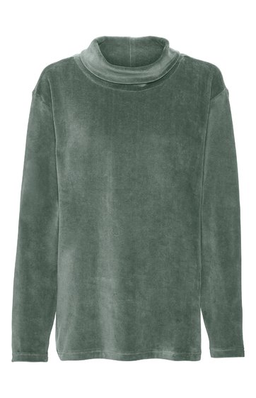 Damenlangarmshirt in grau-grün, unifarben, Stehkragen, lockere Passform, ohne sichtbare Verschlüsse oder Verzierungen