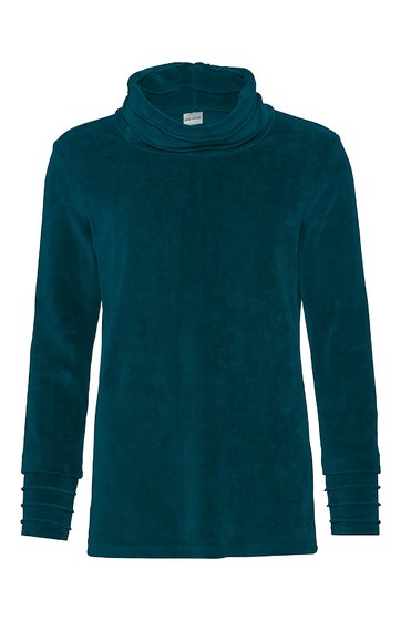 Dunkelgrüner Pullover mit Rollkragen, lange Ärmel mit gestuften Bündchen, gerade geschnitten, ohne Muster