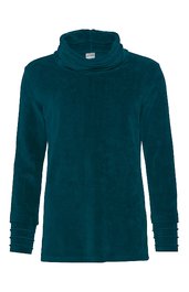Dunkelgrüner Pullover mit Rollkragen, lange Ärmel mit gestuften Bündchen, gerade geschnitten, ohne Muster