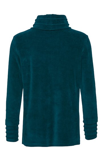 Dunkelgrüner Pullover mit weitem Rollkragen, lange Ärmel mit Bündchen, gerade geschnitten, ohne Muster, Rückansicht