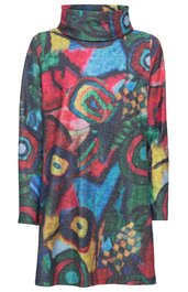 Langärmliges Kleid mit Stehkragen, bunter abstrakter Musterung in Rot, Blau, Grün, Gelb und Schwarz, gerade geschnitten, locker sitzend