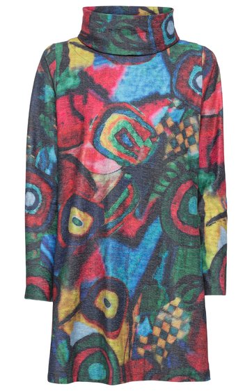 Langärmliges Kleid mit Stehkragen, bunter abstrakter Musterung in Rot, Blau, Grün, Gelb und Schwarz, gerade geschnitten, locker sitzend