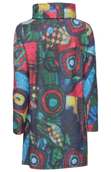 Mantel mit buntem abstraktem Muster in Rot, Blau, Grün und Gelb, Stehkragen, lange Ärmel, knielang, lockere Form
