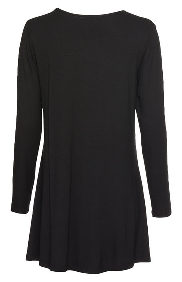 Schwarzes langärmliges Kleid, unifarben, rundhalsausschnitt, leicht ausgestellt, knielang, glatter Stoff