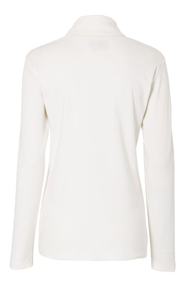 Langärmliges Oberteil in Cremeweiß, glatte Oberfläche, Stehkragen, gerade geschnitten