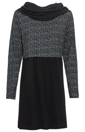 Schwarzes Kleid mit langem Ärmel, Oberteil mit weißem Mikroblumenmuster, weiter Kragen, glatter einfarbiger Rock, knielang