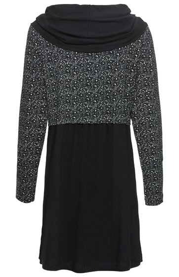 Schwarzes Kleid mit langem Arm, Oberteil mit weißem Blumenmuster, hoher Kragen, A-Linie, knieumspielend