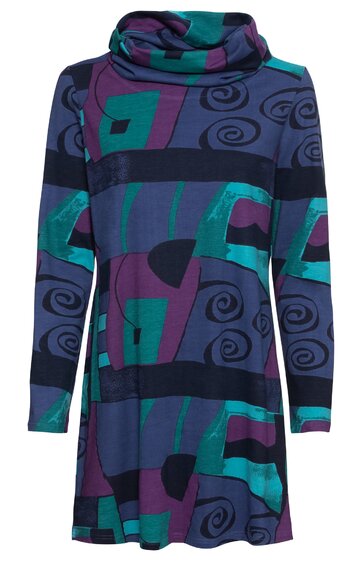 Langärmeliges Kleid in Dunkelblau mit abstraktem Muster in Türkis und Dunkellila, Rollkragen, gerade geschnitten, knielang