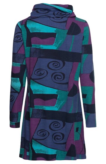 Langärmeliges Kleid in dunklem Blau mit abstraktem Muster aus Türkis und Aubergine, hoher Kragen, leicht ausgestellte Form, knieumspielende Länge