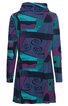 Langärmeliges Kleid in dunklem Blau mit abstraktem Muster aus Türkis und Aubergine, hoher Kragen, leicht ausgestellte Form, knieumspielende Länge