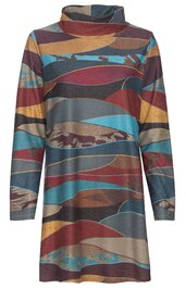 Langärmliges Kleid in den Farben blau, bordeauxrot, bronze und grau mit abstraktem, wellenförmigem Muster, hoher Rollkragen, gerade geschnitten, knielang