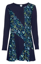Damen-Tunika langärmlig, marineblau mit diagonalen, floral gemusterten Einsätzen in Blau, Grün und Gelb, Rundhalsausschnitt, locker fallende Passform