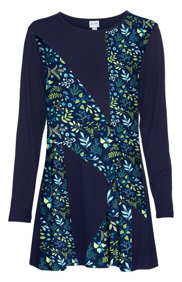 Damen-Tunika langärmlig, marineblau mit diagonalen, floral gemusterten Einsätzen in Blau, Grün und Gelb, Rundhalsausschnitt, locker fallende Passform