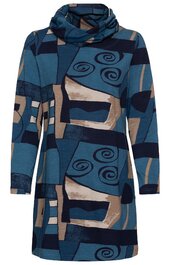 Langärmeliges Kleid in Blau- und Beigetönen mit abstraktem Muster, Rollkragen, gerade geschnitten, knielang