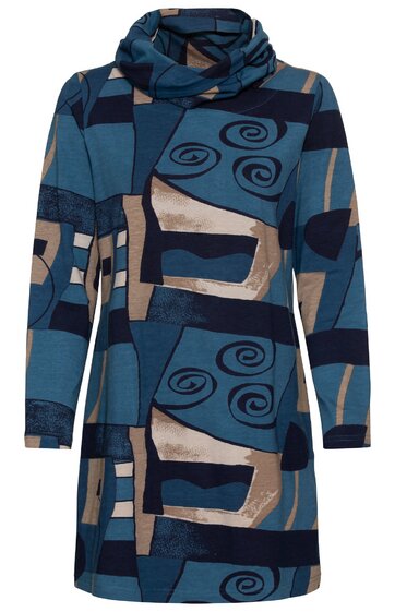 Langärmeliges Kleid in Blau- und Beigetönen mit abstraktem Muster, Rollkragen, gerade geschnitten, knielang