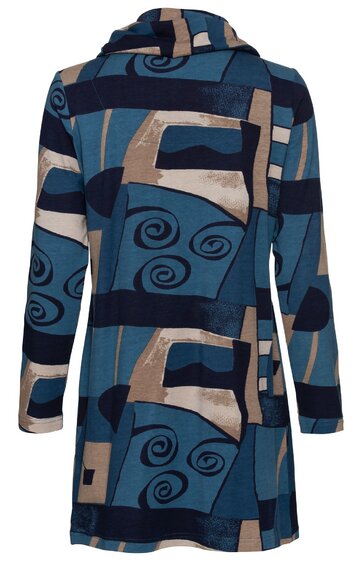 Langes Damenoberteil in Blau, Beige und Schwarz, abstraktes Muster mit Rechtecken und Spiralen, Stehkragen, lange Ärmel, lockere Form