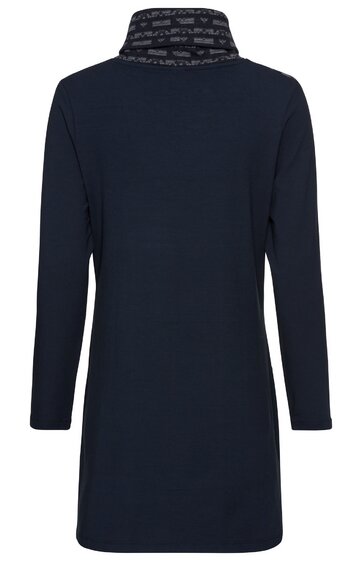 Dunkelblaues, langärmeliges Kleid mit Stehkragen, gerader Schnitt, Rückansicht