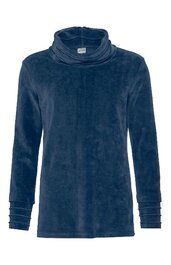 Dunkelblauer Pullover mit Stehkragen, lange Ärmel mit abgesteppten Bündchen, gerade geschnitten, einfarbig, ohne Muster