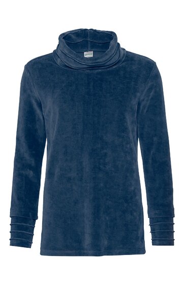 Dunkelblauer Pullover mit Stehkragen, lange Ärmel mit abgesteppten Bündchen, gerade geschnitten, einfarbig, ohne Muster