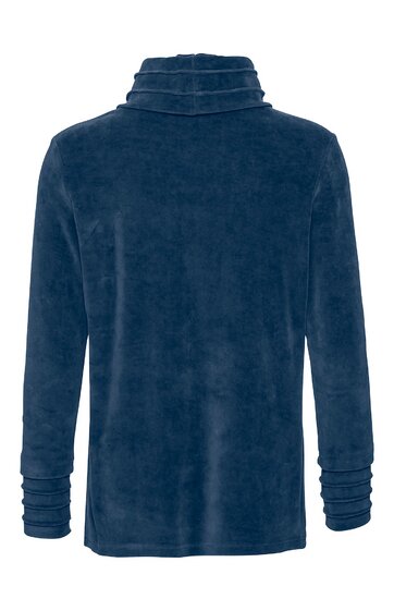 Langärmliges Oberteil in Dunkelblau, einfarbig, hoher Kragen mit Kellerfalten, gerade geschnitten, lockere Passform