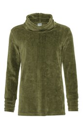 Olivgrüner Pullover mit Rollkragen, langärmlig, gerade geschnitten, mit gestuften Bündchen an den Ärmeln
