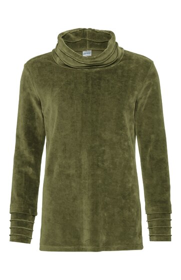 Olivgrüner Pullover mit Rollkragen, langärmlig, gerade geschnitten, mit gestuften Bündchen an den Ärmeln