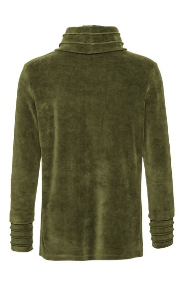 Olivgrüner Pullover ohne Muster, Stehkragen, lange Ärmel mit abgesteppten Riegeln am Handgelenk, lockere Passform