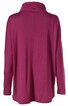Langärmliges Oberteil in dunklem Magenta ohne Muster, hoher Kragen, locker geschnitten, glatte Oberfläche, Rückansicht, keine sichtbaren Verschlüsse oder weitere Details
