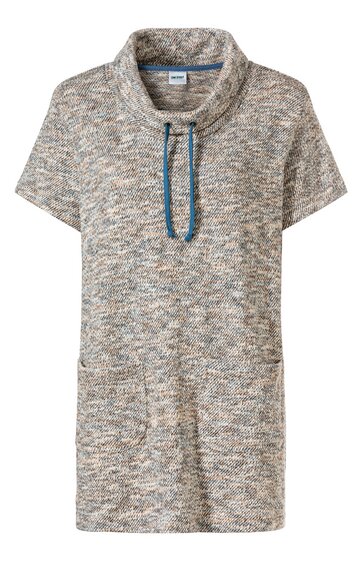 Kurzärmliges Oberteil in Melange-Tönen aus Hellgrau, Beige und Blau, mit Stehkragen und blauem Tunnelzug, zwei aufgesetzte Taschen vorne, gerade Form
