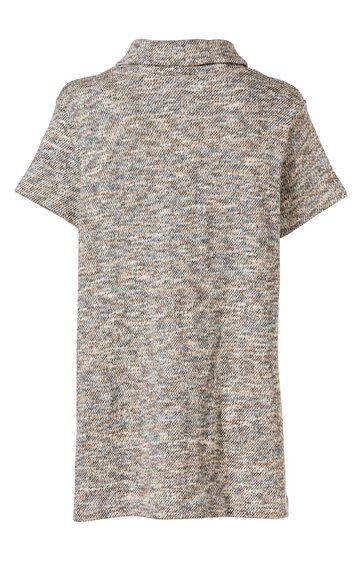 Kurzärmliges Shirt in meliertem Grau und Beige, ohne Muster, Rundhalsausschnitt, gerade geschnitten ohne sichtbare Verschlüsse