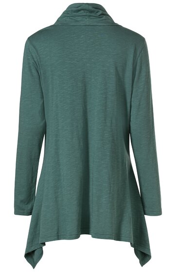 Langärmliger Damenpullover in tannengrün, unifarben, weiter Kragen, länger geschnitten mit asymmetrischem Zipfelsaum hinten