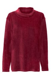 Dunkelroter Langarmshirt mit Stehkragen, gerade geschnitten, ohne Muster, ohne sichtbare Verschlüsse