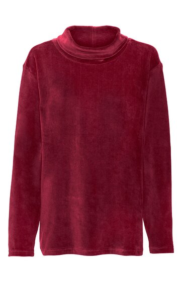 Dunkelroter Langarmshirt mit Stehkragen, gerade geschnitten, ohne Muster, ohne sichtbare Verschlüsse
