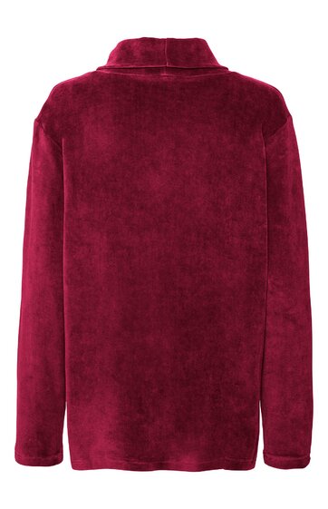Dunkelroter Pullover ohne Muster, langer Ärmel, Stehkragen, gerade geschnitten